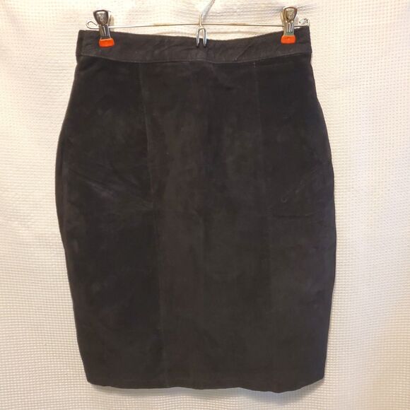 VTG G-III 1980s Black Leather Suede A Line Pencil Skirt Sz 9/10 Medium Snap Slit - Picture 1 of 8